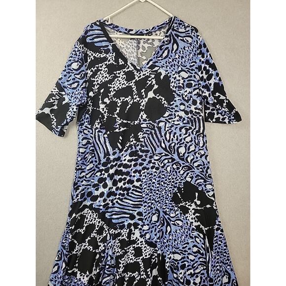 Attitudes Blue Animal Print Godet Midi Dress Women's Petite XL Stretch Pockets - Picture 2 of 13